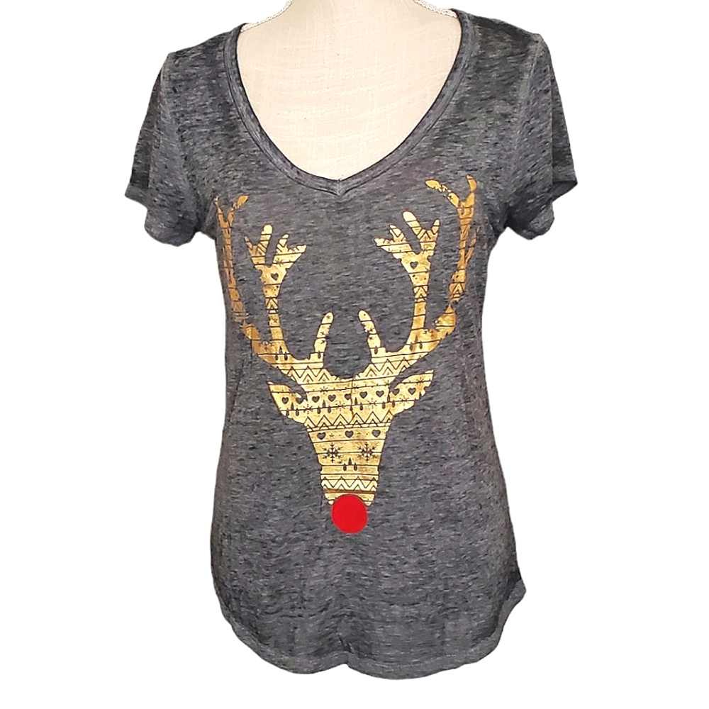 ROCKER GIRL | Women's Rudolph Reindeer gray burnout t-shirt. Size medium